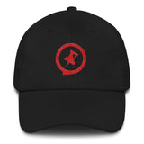 Red Pushpin Logo on Black Hat